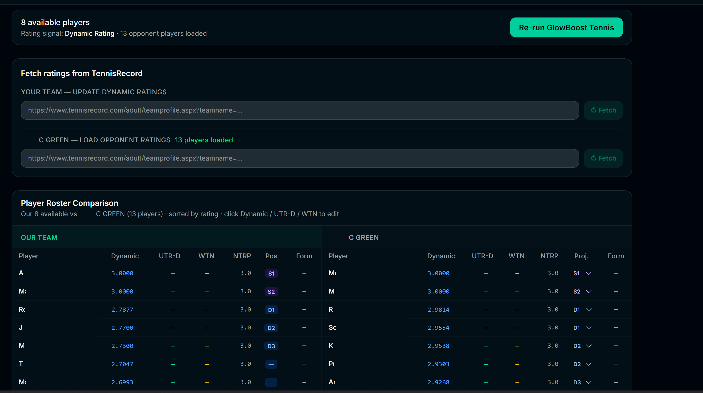Matchup view — your players vs. opponent roster, ratings side-by-side