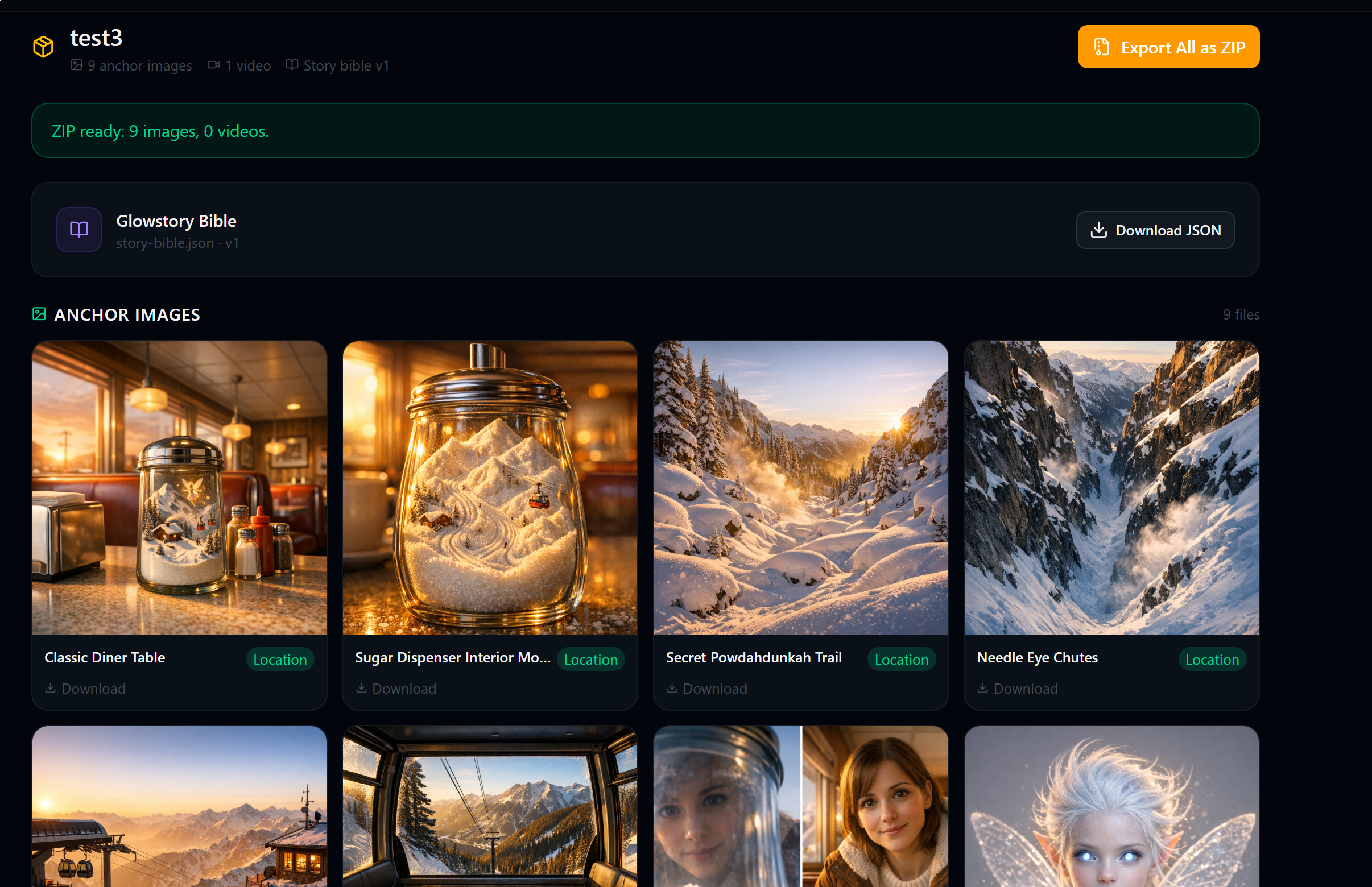 Export Bundle — videos, images, prompts, and story bible in ZIP
