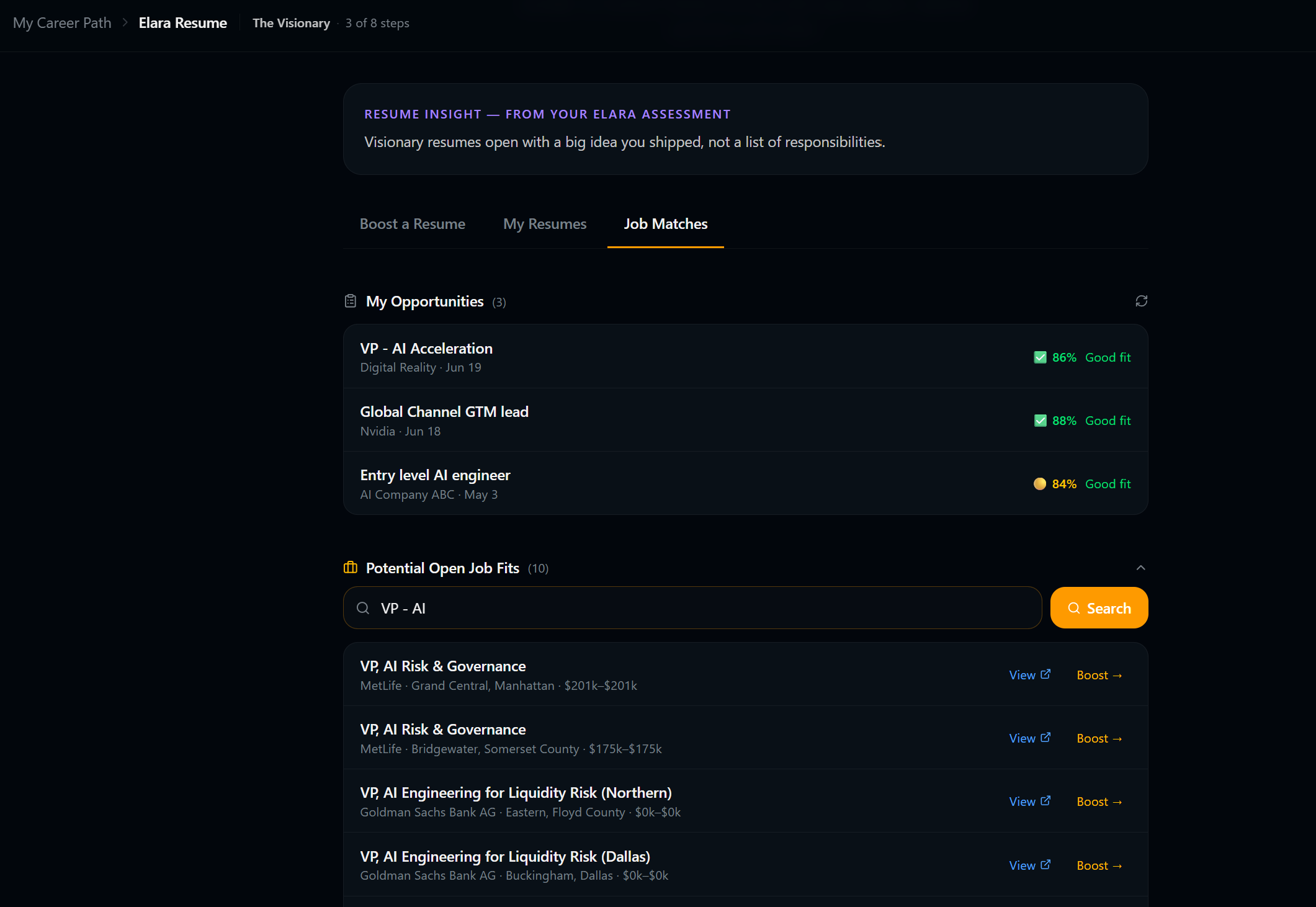 Job Matches — live openings scored against your résumé, with fit ratings