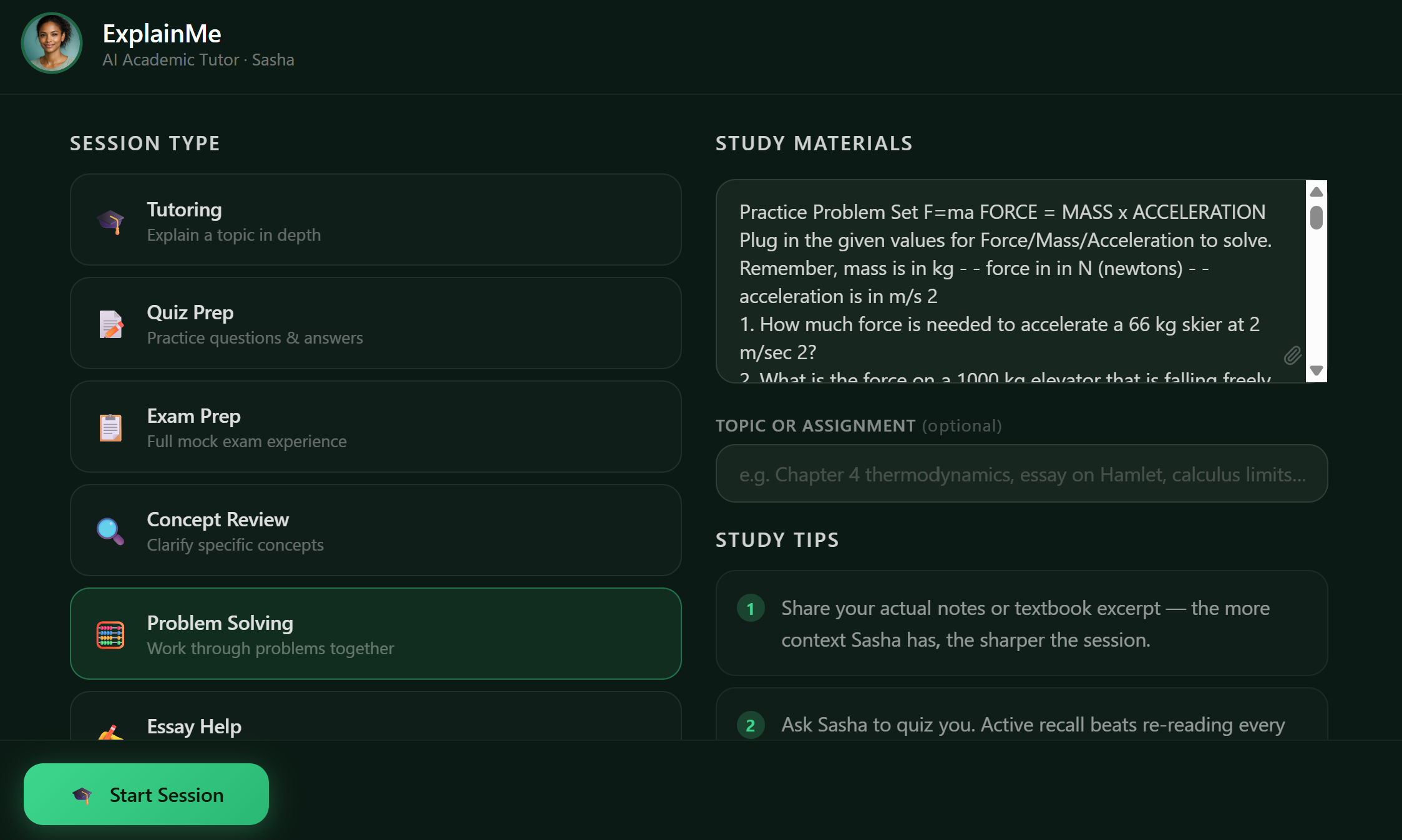 ExplainMe main interface — session launch with subject selection