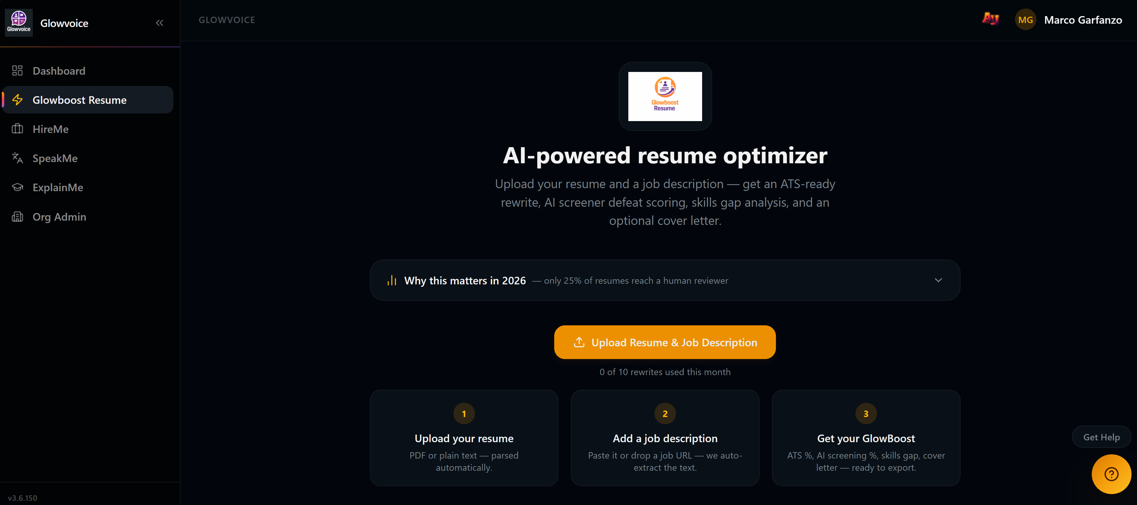 GlowBoost Resume — upload and optimization interface