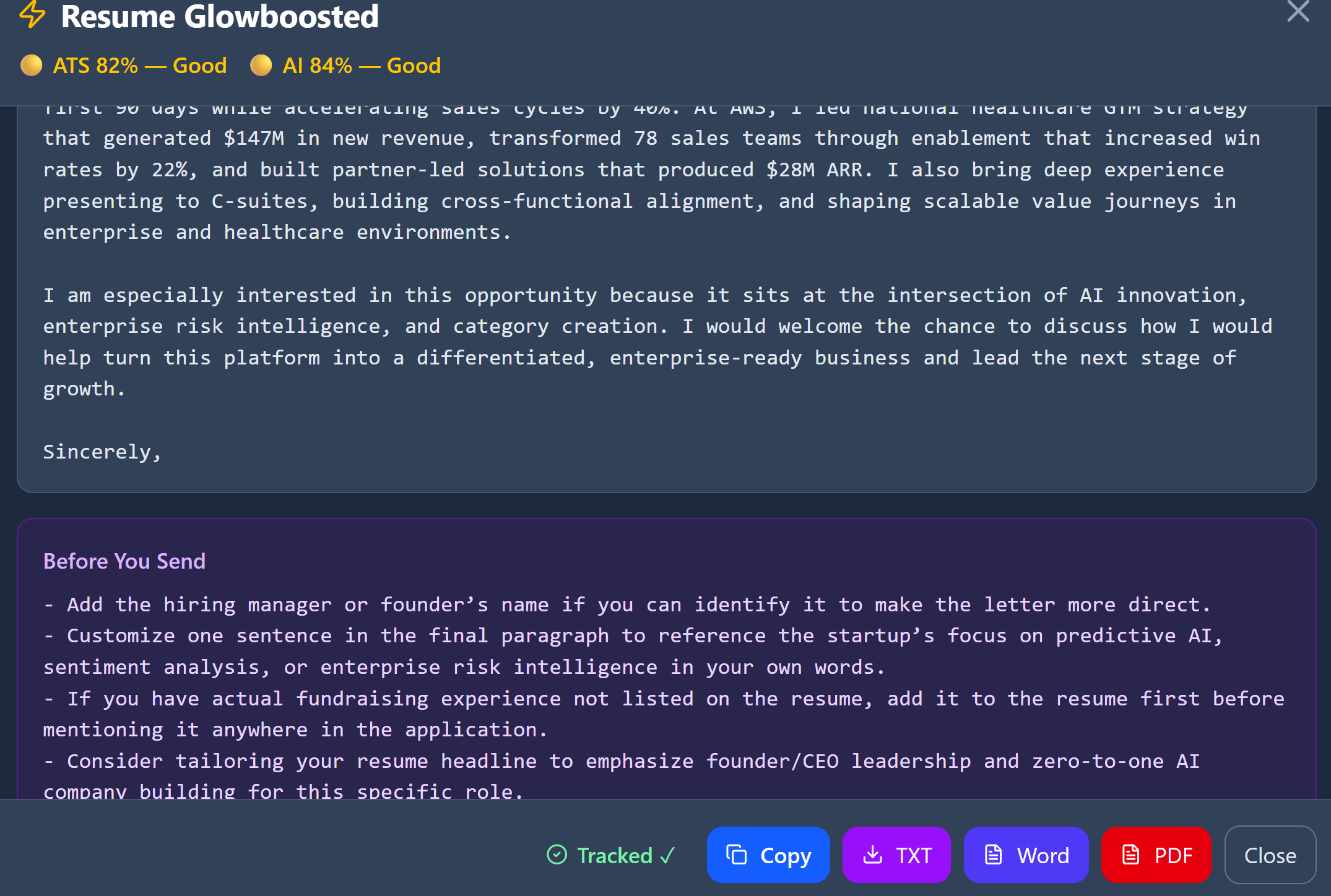 AI-generated cover letter tailored to job description