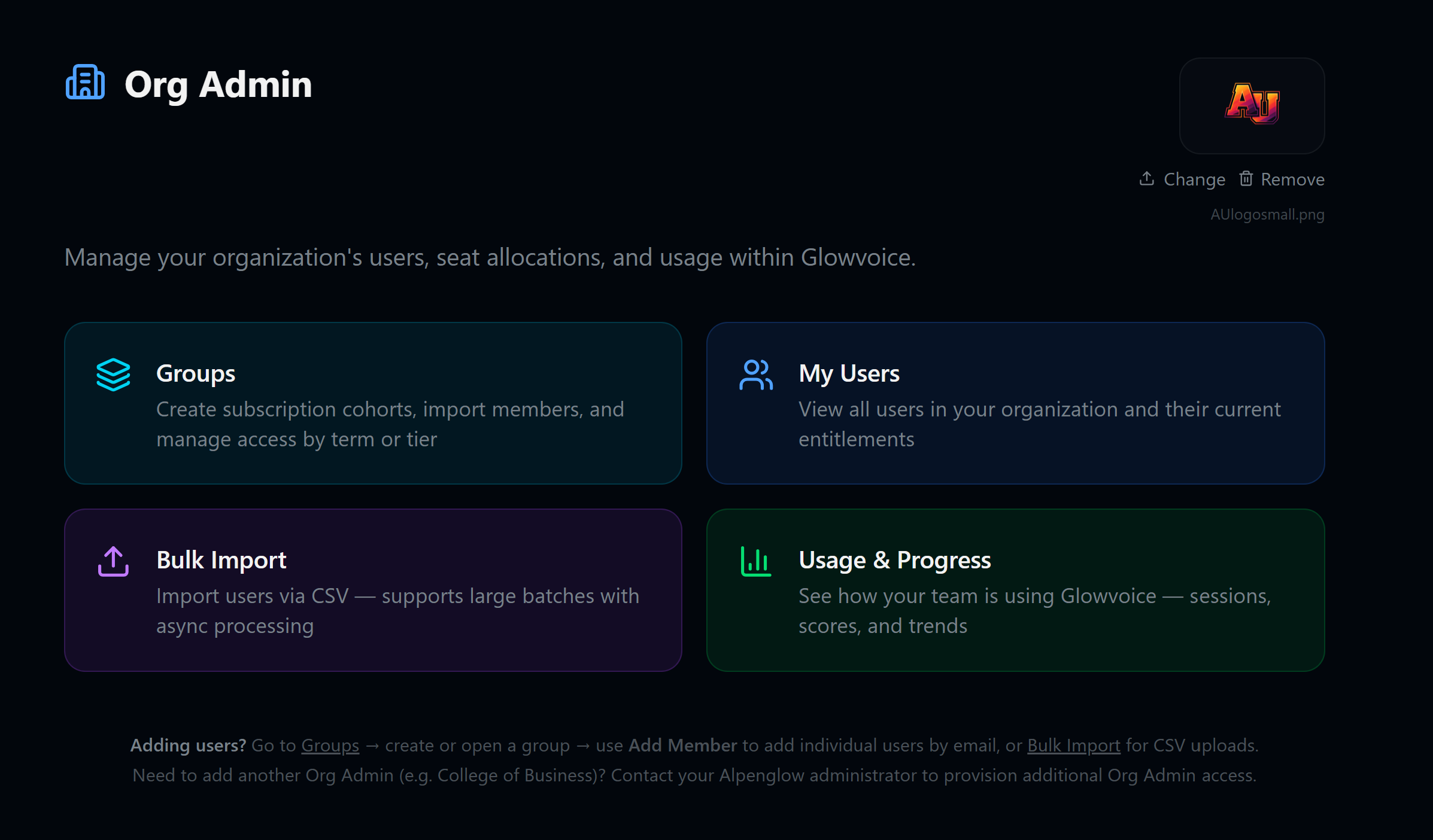 School or Company Org Admin — group management, seat provisioning, and usage analytics