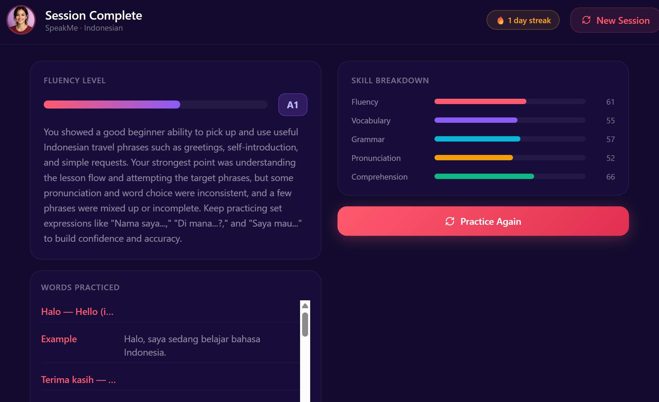 Real-time feedback panel with pronunciation and grammar corrections