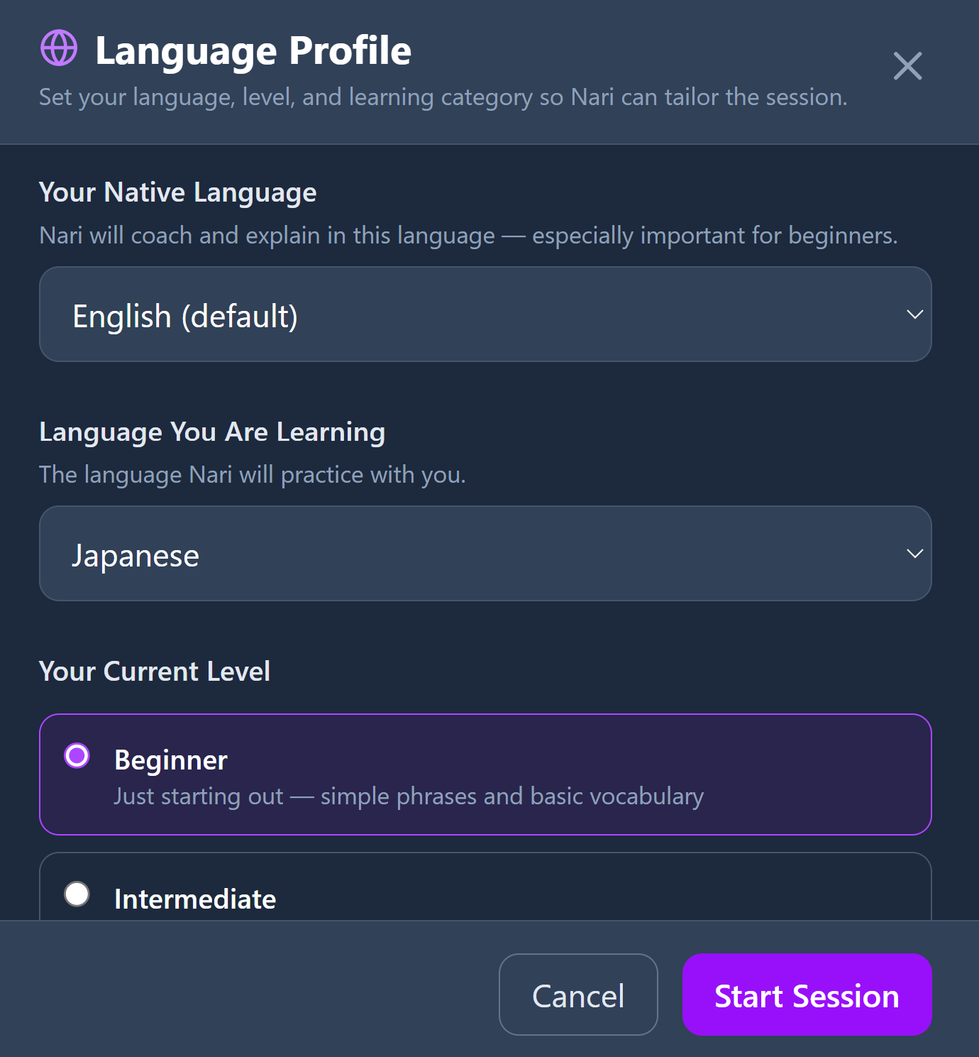 Language and proficiency level selection for personalized learning path
